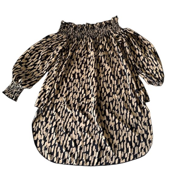 Lishly L Off Shoulder Abstract Print Blouse – Beige Black Balloon Sleeve Top - Picture 2 of 6